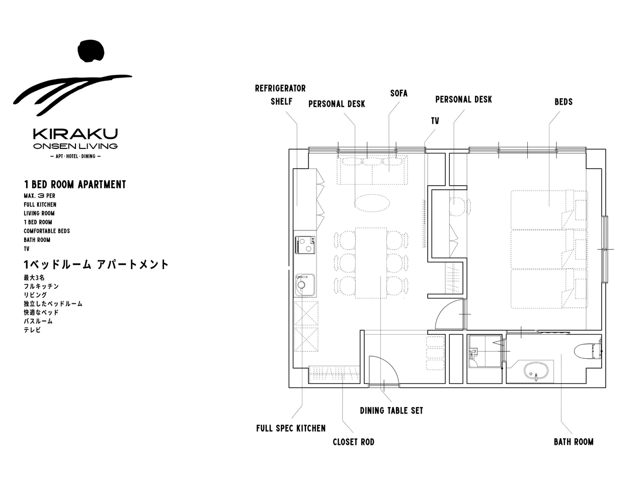 1ベッドルーム アパートメント｜間取り図