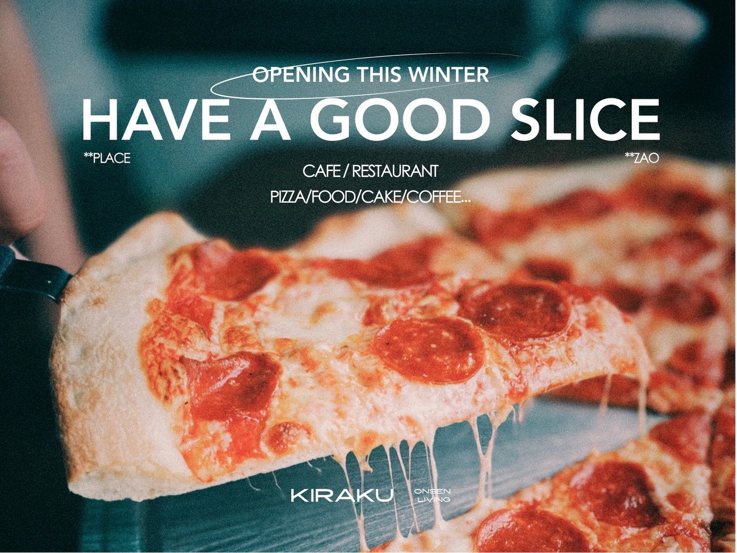 トレーからすくい上げられた、ピザの一切れ。HAVE A GOOD SLICEの出店告知イメージ